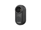 A compact handheld electronic whistle in black, featuring a circular fan grille, four indicator lights, a large power button, and a USB-C port on a plain white background.