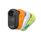 Four Nitecore portable mini fans in black, orange, white, and lime green, arranged in a diagonal stack on a solid white background.