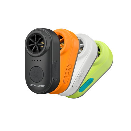 Four Nitecore portable mini fans in black, orange, white, and lime green, arranged in a diagonal stack on a solid white background.