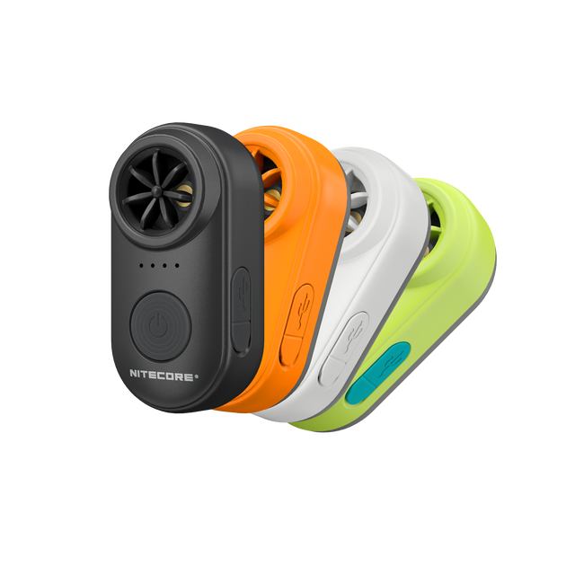 Four Nitecore portable mini fans in black, orange, white, and lime green, arranged in a diagonal stack on a solid white background.
