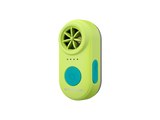 A compact handheld electronic whistle in lime green and teal, featuring a circular fan grille, four indicator lights, a large power button, and a USB-C port on a plain white background.