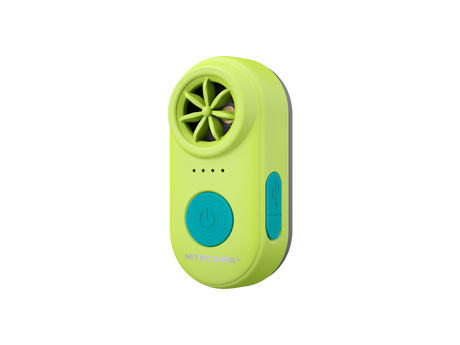 A compact handheld electronic whistle in lime green and teal, featuring a circular fan grille, four indicator lights, a large power button, and a USB-C port on a plain white background.