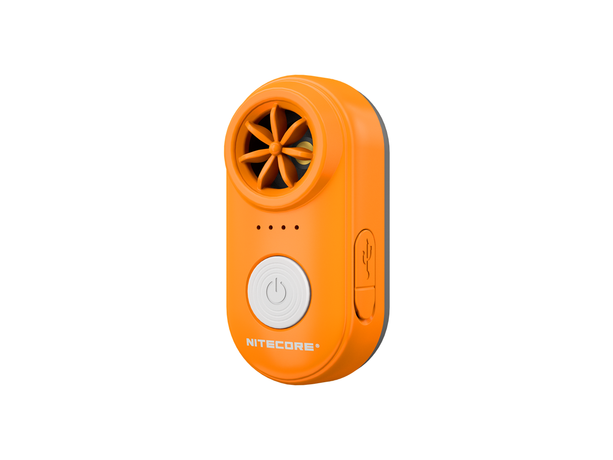 A compact handheld electronic whistle in orange, featuring a circular fan grille, four indicator lights, a large power button, and a USB-C port on a plain white background.