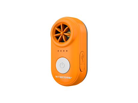 A compact handheld electronic whistle in orange, featuring a circular fan grille, four indicator lights, a large power button, and a USB-C port on a plain white background.