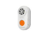A compact handheld electronic whistle in white, featuring a circular fan grille, four indicator lights, a large power button, and a USB-C port on a plain white background.