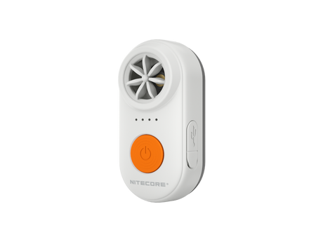 A compact handheld electronic whistle in white, featuring a circular fan grille, four indicator lights, a large power button, and a USB-C port on a plain white background.