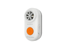 A compact handheld electronic whistle in white, featuring a circular fan grille, four indicator lights, a large power button, and a USB-C port on a plain white background.