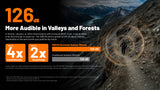 Promotional graphic for the NWE10 Electronic Outdoor Whistle, showing a mountain trail with a hiker and soundwave graphics. The graphic highlights the NWE10's 126 dB sound intensity, offering 4x sound intensity and 2x sound range compared to traditional outdoor whistles.