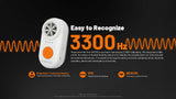 A white and orange electronic whistle with text overlays explaining its use for 3300 Hz continuous bearing detection, set against a dark background with orange graphic elements.