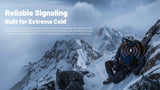 A person in winter mountaineering gear sits on a snowy mountain slope, with overlaid text reading 'Reliable Signaling Built for Extreme Cold' and orange signal graphics indicating communication.
