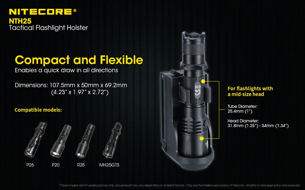 Nitecore NTH25 Rotary Flashlight Holster with Adjustable Belt Clip, for P20i, P20iX, P10i, P20iX etc