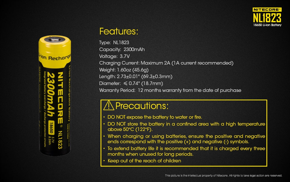 Nitecore NL1823 (NL183) 2300mAh Rechargeable 18650 Battery