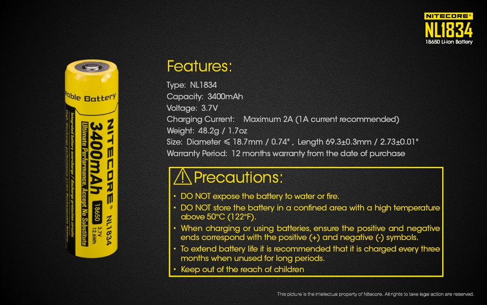 Nitecore NL1834 3400mAh Rechargeable 18650 Battery