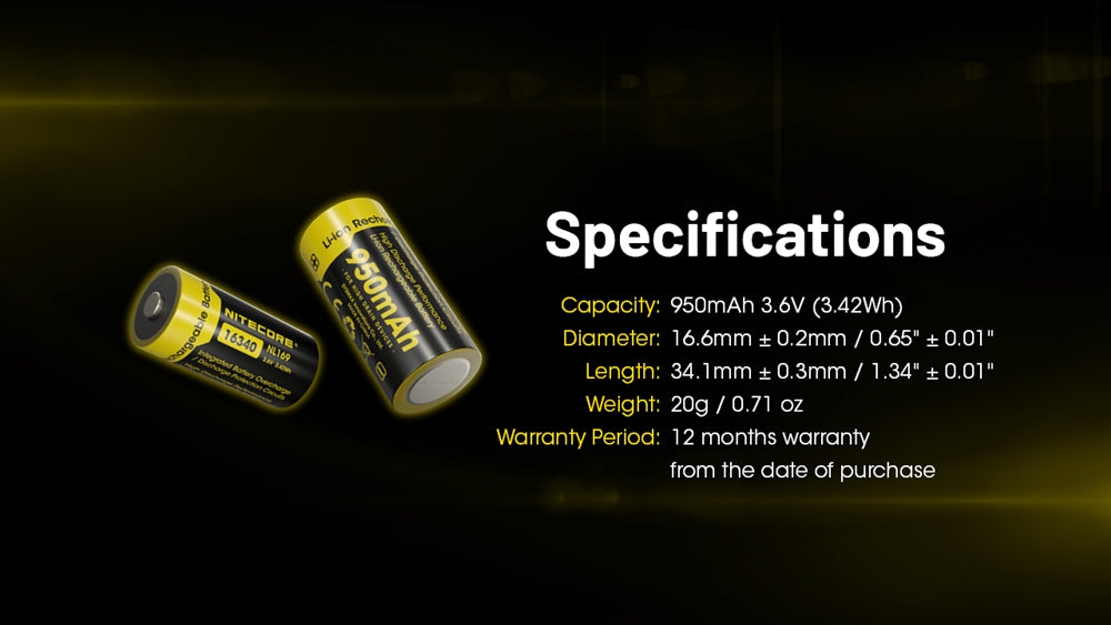 Nitecore NL169 950mAh Rechargeable RCR123A 16340 Battery