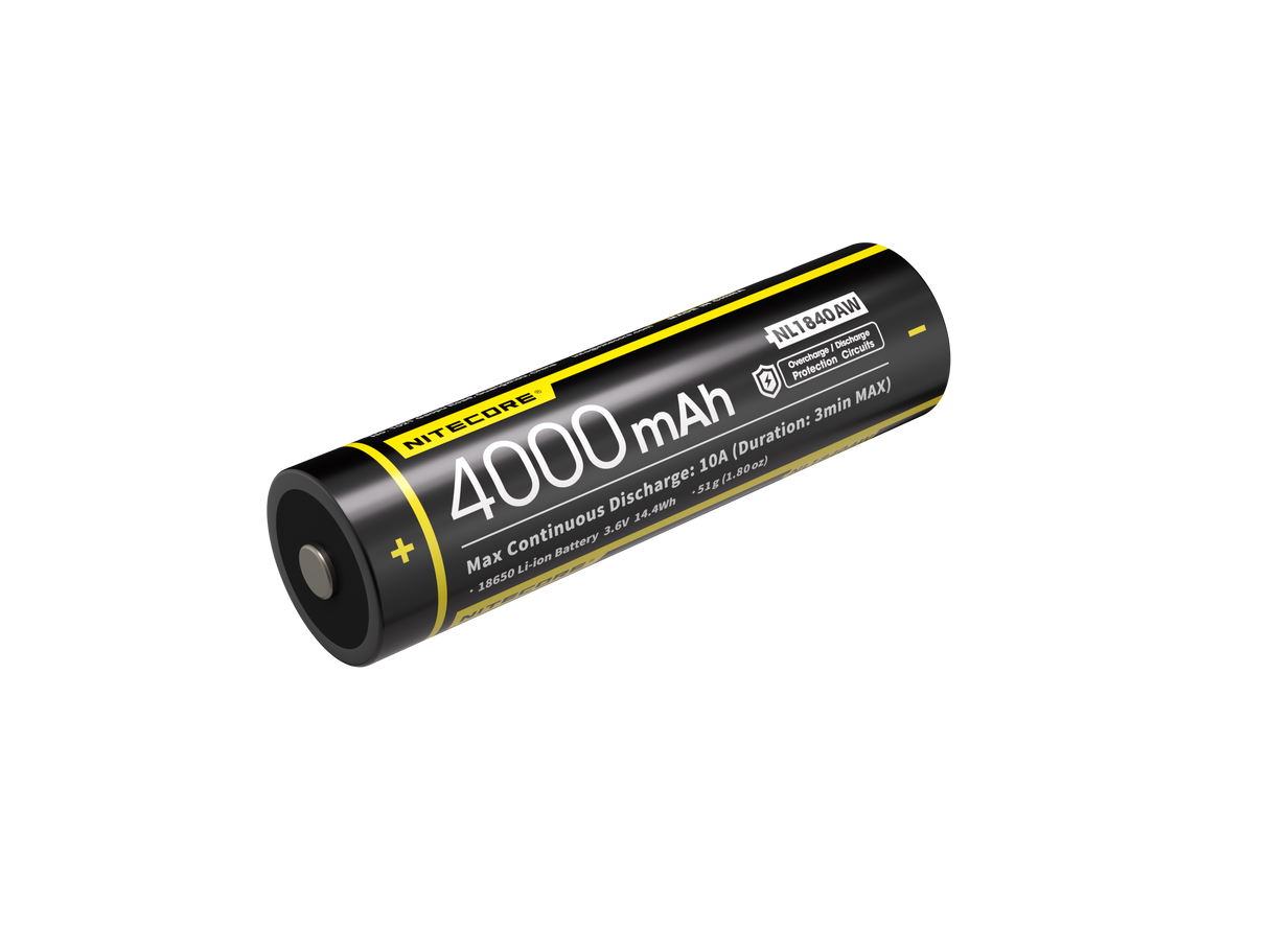 A single Nitecomb Ultra 18650 lithium-ion battery, 4000 mAh, shown diagonally on a solid white background. The battery casing is black with yellow accents and white text.