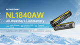 Nitecore NL1840AW all-weather Li-ion battery shown in two views against a snowy mountain background with promotional text highlighting cold resistance, IPX6 waterproofing, and 4000mAh capacity.