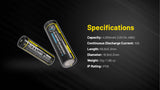 Two cylindrical 14000mAh rechargeable lithium-ion batteries shown on a dark textured background with yellow text listing specifications including capacity, continuous discharge current, length, diameter, weight, and IP rating.