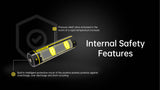 A cylindrical battery shown on a black background with explanatory text highlighting internal safety features, including a pressure relief valve and built-in protective circuit.