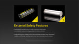 A dark promotional graphic titled 'External Safety Features' showing two batteries: a black and yellow cylindrical battery labeled '4000mAh' with nickel-plated steel protectors, and a silver cylindrical battery. Text explains safety features, with two product photos above and yellow numbered callouts 1 and 2.