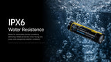 A cylindrical rechargeable NL1840AW lithium battery floating underwater with bubbles around it. The left side has a black background with white text reading 'IPX6 Water Resistance' and a short descriptive paragraph.
