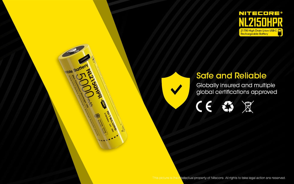 Nitecore NL2150HPR 5000mAh USB-C Rechargeable 21700 Battery, High Performance