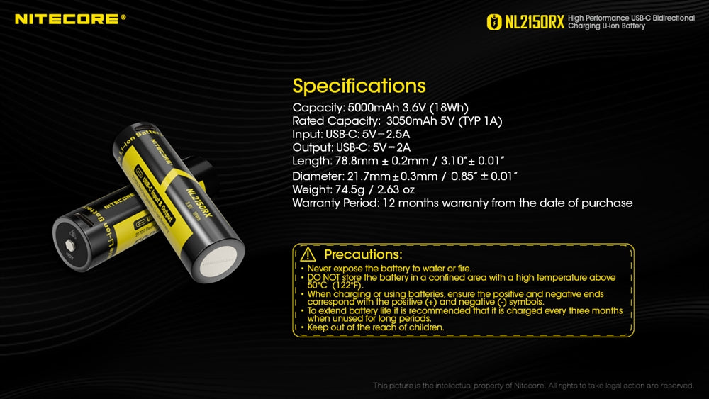 Nitecore NL2150RX 5000mAh USB-C Rechargeable 21700 Battery - Used