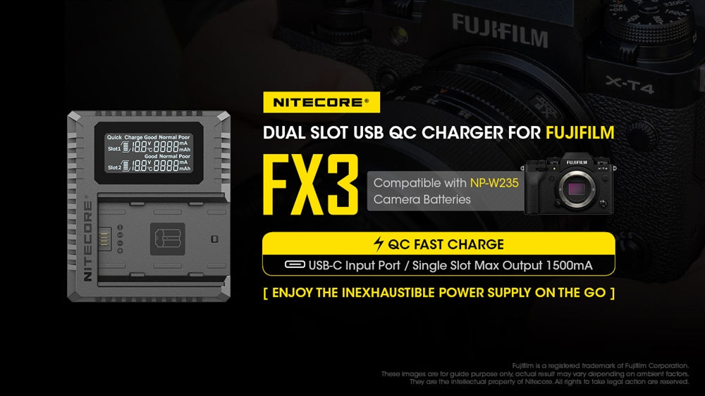 Nitecore FX3 2-Slot USB-C QC Camera Battery Charger for Fujifilm X-T4