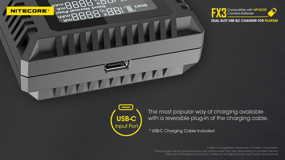 Nitecore FX3 2-Slot USB-C QC Camera Battery Charger for Fujifilm X-T4