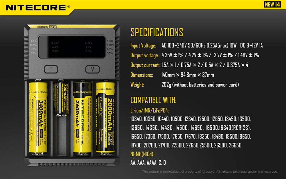 NiteCore New i4 4 Channel Universal Charger, for 18650, 16340 etc