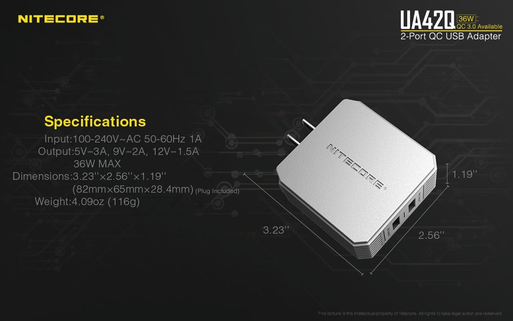 Nitecore UA42Q 2-Port QC USB 2.0 & 3.0 Power Adapter