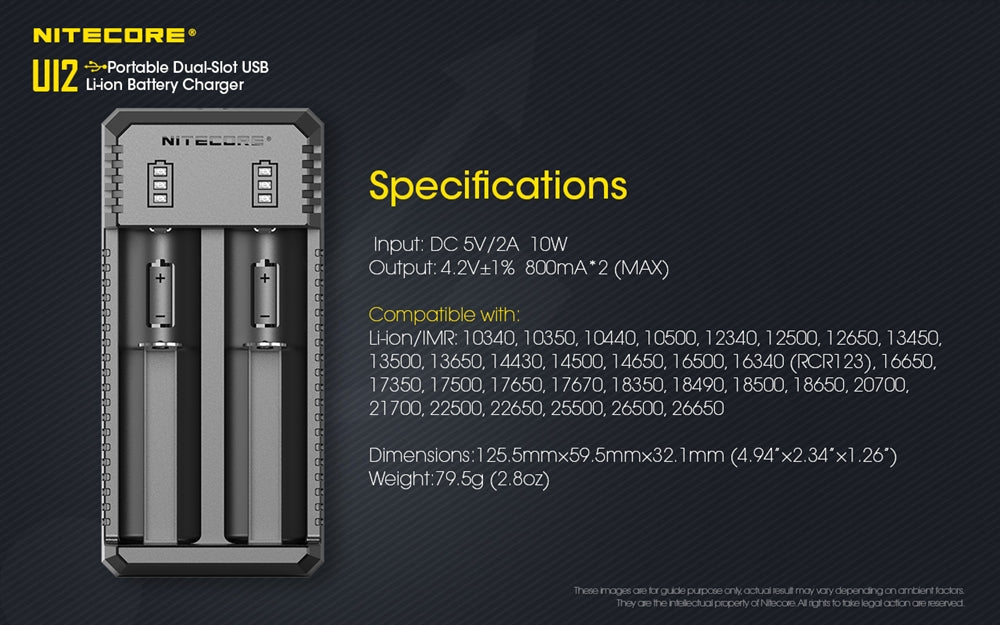 Nitecore UI2 Dual-Slot USB Charger, for 18650, 21700, 18350, 20700 Batteries