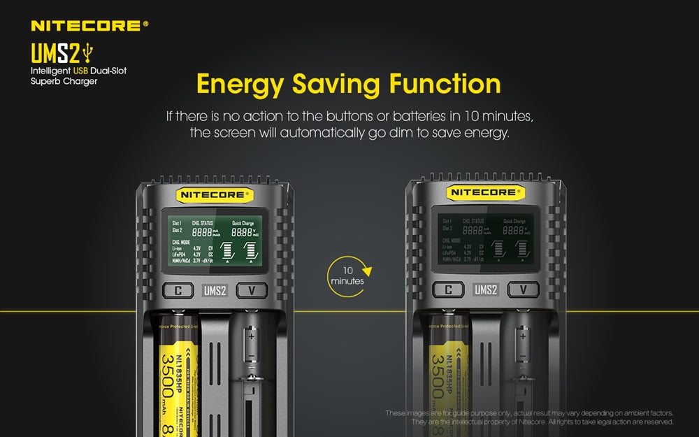 Nitecore UMS2 Dual-Slot USB Fast Charger, for 18650, 21700 batteries