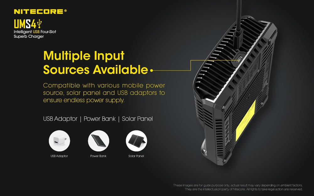 Nitecore UMS4 USB Four-Slot USB Fast Charger, for 18650, 21700 Batteries