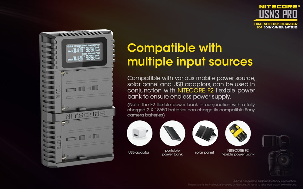 Nitecore USN3 Pro Dual-Slot USB Charger, for Sony Camera Batteries