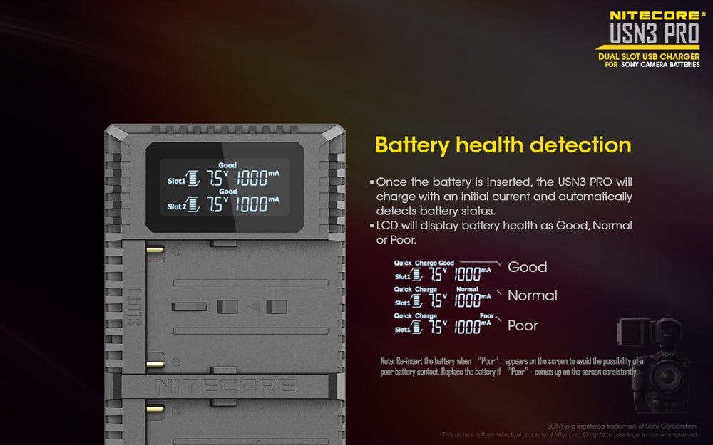 Nitecore USN3 Pro Dual-Slot USB Charger, for Sony Camera Batteries