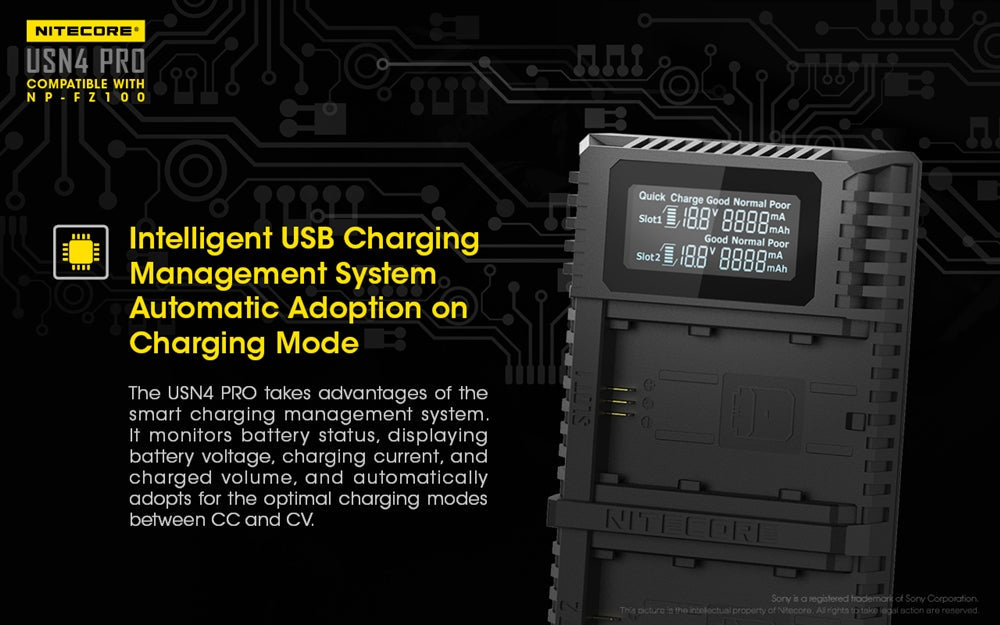 Nitecore USN4 Pro Dual-Slot USB Camera Charger, for Sony NP-FZ100 Batteries