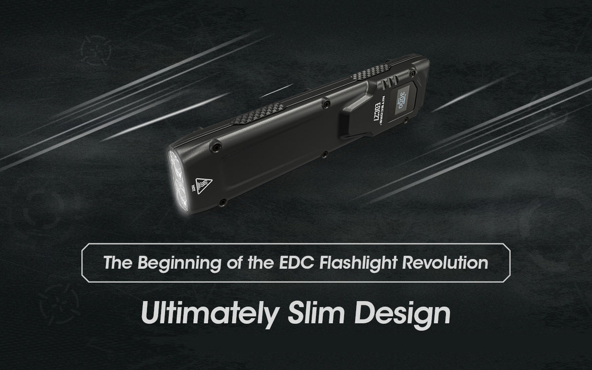 EDC27 at an angle on a grey textured background with text "The Beginning of the EDC Flashlight Revolution Ultimately Slim Design".