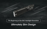 EDC27 at an angle on a grey textured background with text "The Beginning of the EDC Flashlight Revolution Ultimately Slim Design".