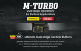 Close-up of the dual buttons on the EDC27 with promotional text "M-TURBO Dual-stage Operations for Tactical applications"
