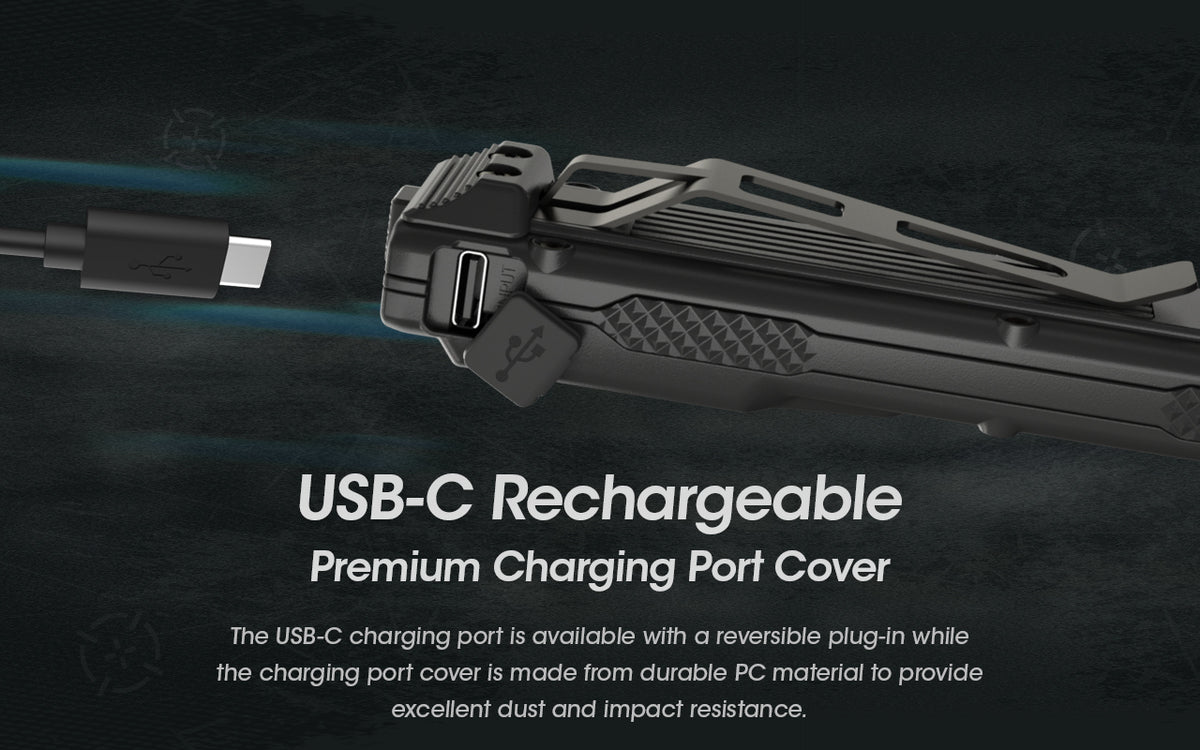 Side view of EDC27 showing off the USB-C port and USB-C charging cable with text "USB-C Rechargeable Premium Charging Port Cover".