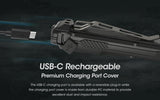 Side view of EDC27 showing off the USB-C port and USB-C charging cable with text "USB-C Rechargeable Premium Charging Port Cover".