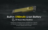 Yellow overlay depicting the built-in battery of the EDC27 with text "Built-in 1700mAh Li-ion Battery 37 Hours Max Runtime".