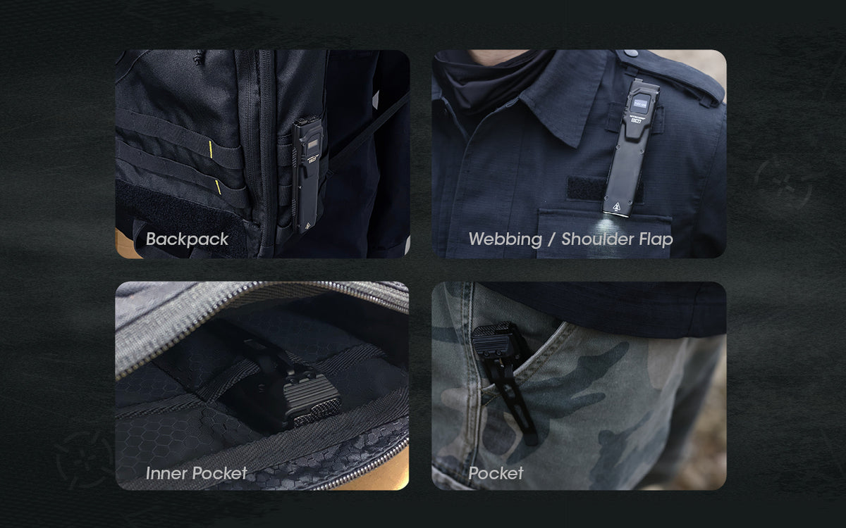 4 panel graphic. One showing the EDC27 hooked on a backpack. One showing the EDC27 clipped onto a shirt shoulder flap. One clipped inside a bag pocket. One clipped onto pants pocket.