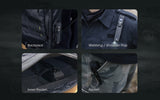 4 panel graphic. One showing the EDC27 hooked on a backpack. One showing the EDC27 clipped onto a shirt shoulder flap. One clipped inside a bag pocket. One clipped onto pants pocket.