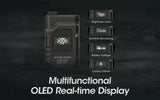 Close-up of the EDC27 display screen that shows 3000lms and 4 other possible screen with text "Multifunctional OLED Real-time Display".