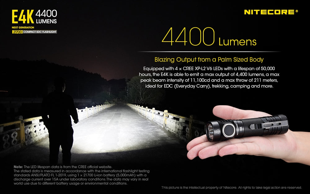 Nitecore E4K 4400 Lumen EDC Flashlight, with 5000mAh USB-C Rechargeable Battery