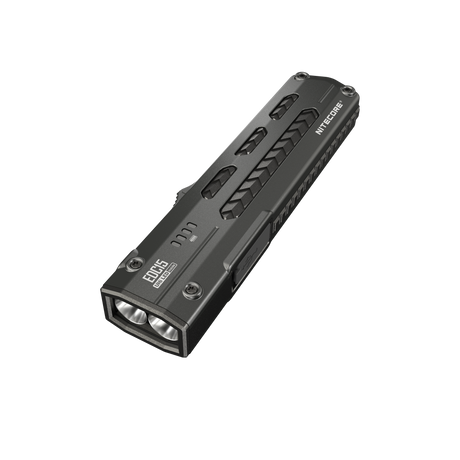 A black LED flashlight with a textured grip, with text that says 'NITRECORE' and 'EDC15' printed on its side, shown on a plain white background.