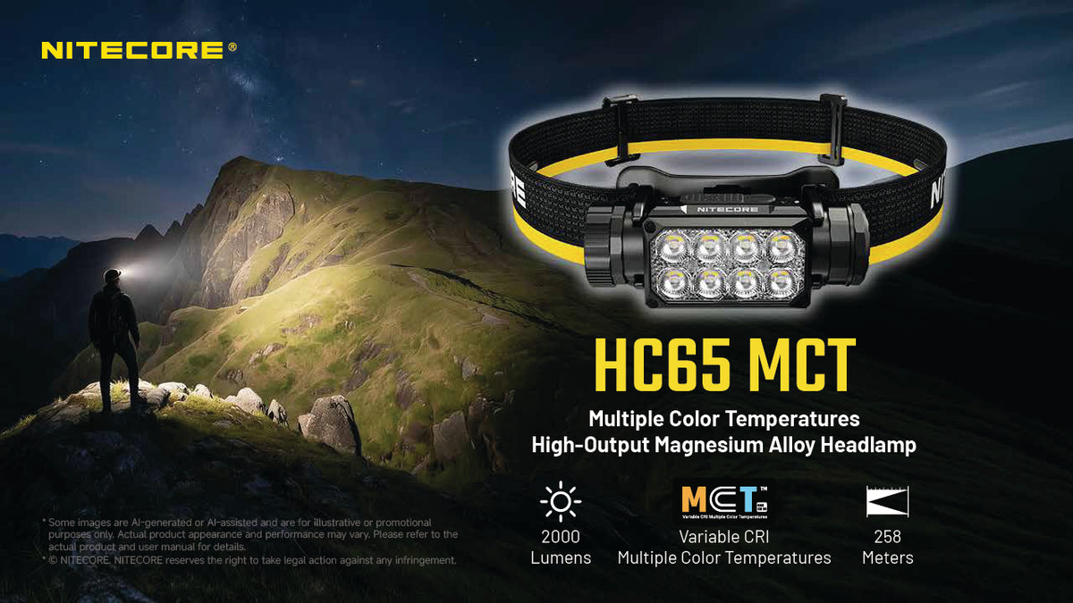 NITECORE HC65 MCT high-output magnesium alloy headlamp shown on a black headband with yellow trim, set against a night mountain hiking scene. The product is highlighted with text and feature icons for 2000 lumens, MCT multiple color temperatures, and 258 meters beam throw.