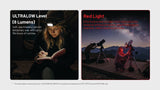 A promotional graphic for the UltraLow output and red light eye-friendly output; showing two side-by-side panels with text and lifestyle images of a woman writing and astronomers using the red light on a mountain ridge at night.