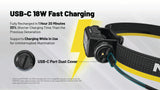 Promotional graphic for the HC65 MCT headlamp showing a black headlamp with a USB-C port, a separate black USB-C cable, and marketing text about 18W fast charging and a dust cover. The background is white and light gray with a yellow lightning-bolt graphic.